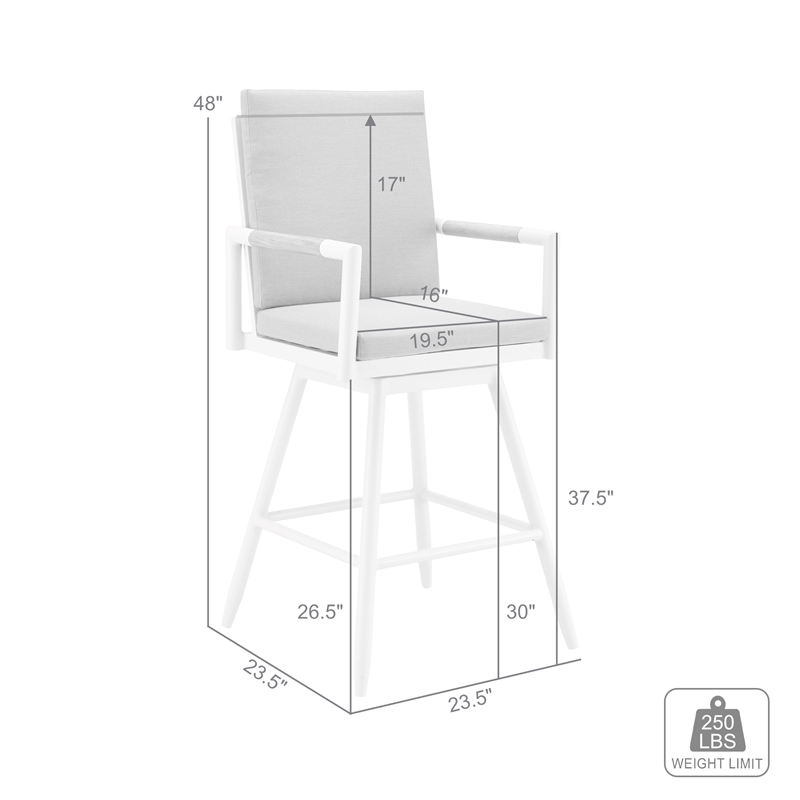 Crown Outdoor Swivel Bar Stool in Aluminum with Brown Rope & Light Gray Cushions