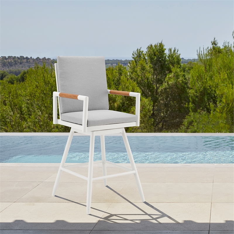 Crown Outdoor Swivel Bar Stool in Aluminum with Brown Rope & Light Gray Cushions