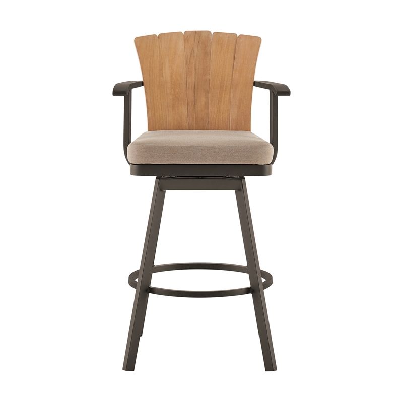 Hazel Outdoor Swivel Counter Stool in Aluminum with Teak Wood & Brown Cushion