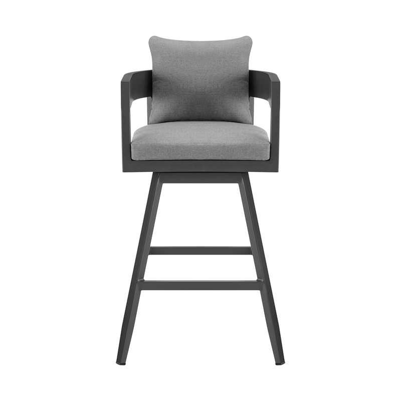 Menorca Outdoor Patio Swivel Bar Stool in Aluminum with Gray Cushions