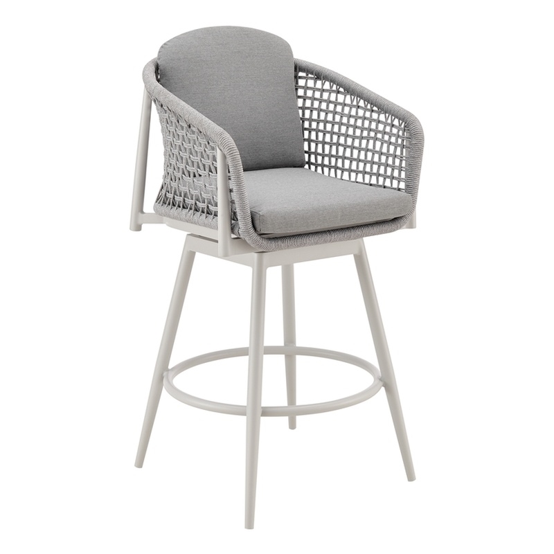 Rhodes Outdoor Swivel Counter Stool in Aluminum with Light Gray Rope & Cushions