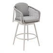 Rhodes Outdoor Swivel Counter Stool in Aluminum with Light Gray Rope & Cushions