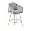 Rhodes Outdoor Swivel Bar Stool in Aluminum with Light Gray Rope and Cushions