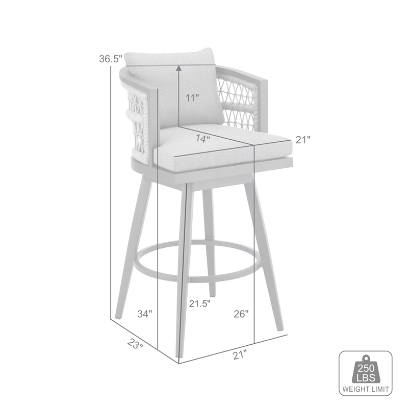 Zella Outdoor  Swivel Bar or Counter Stool in Aluminum with Rope and Cushions