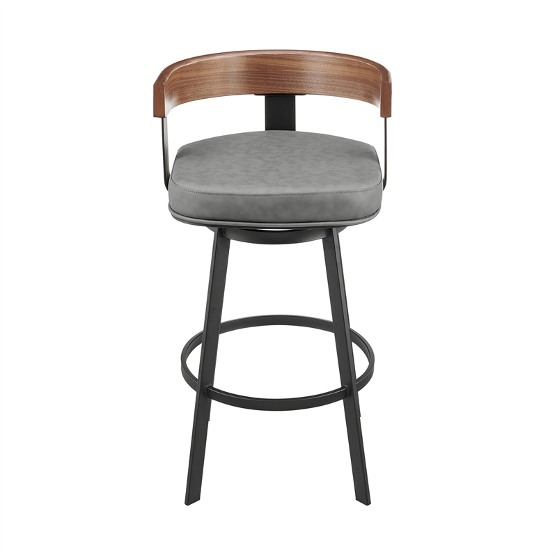 Idris Swivel Counter or Bar Stool in Metal with Walnut Finish and Faux Leather