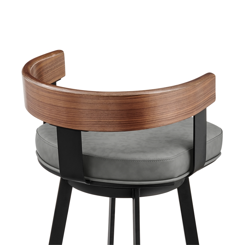 Idris Swivel Counter or Bar Stool in Metal with Walnut Finish and Faux Leather