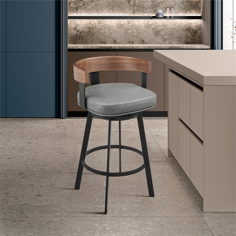 Idris Swivel Counter or Bar Stool in Metal with Walnut Finish and Faux Leather