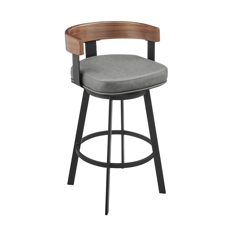 Idris Swivel Counter or Bar Stool in Metal with Walnut Finish and Faux Leather