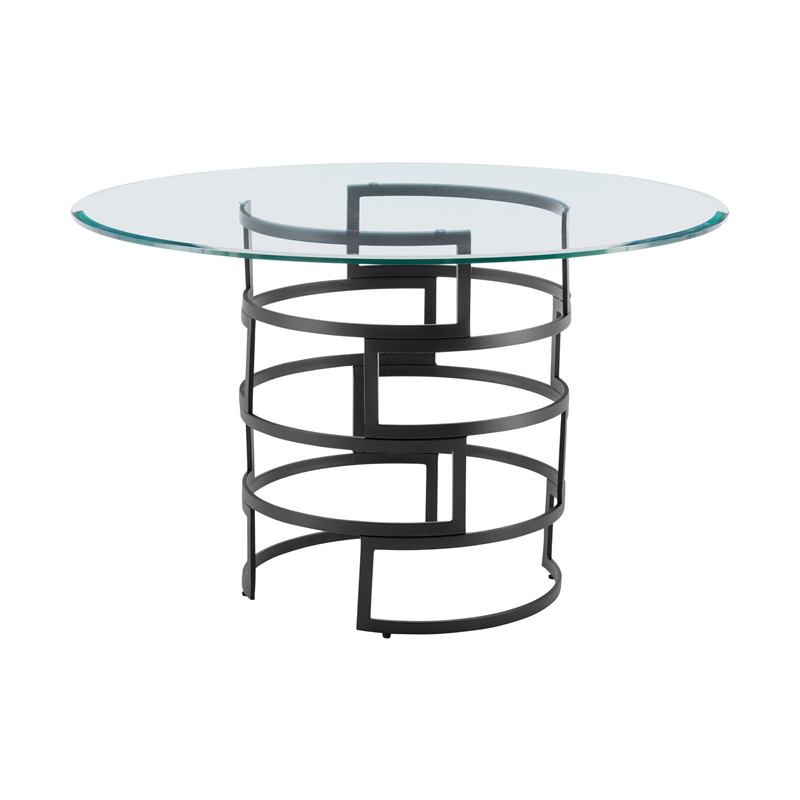 Diaz Round Dining Table with Matte Black Iron Base and Glass Tabletop