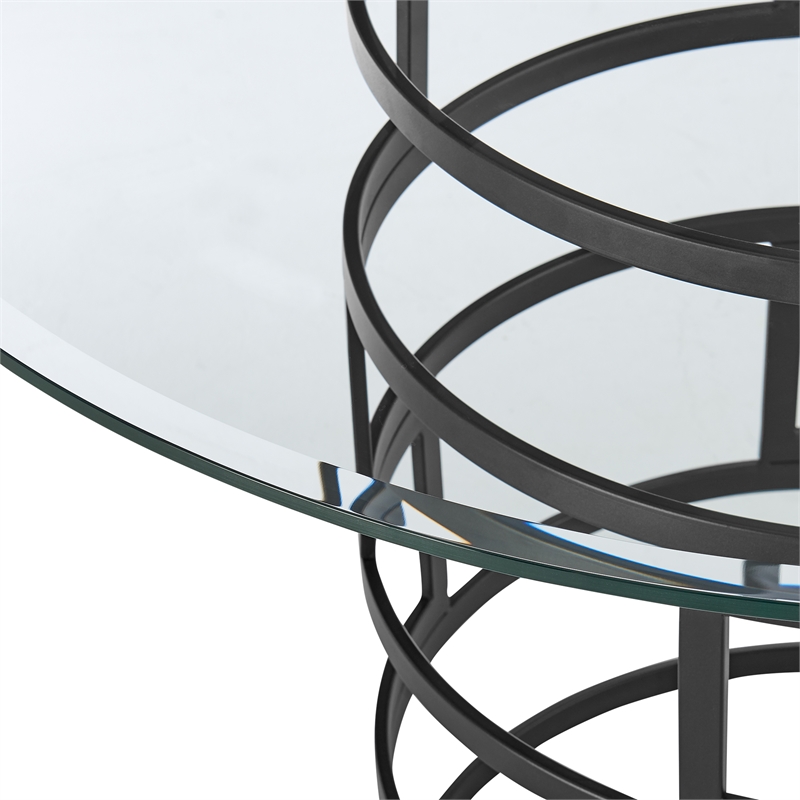 Diaz Round Dining Table with Matte Black Iron Base and Glass Tabletop