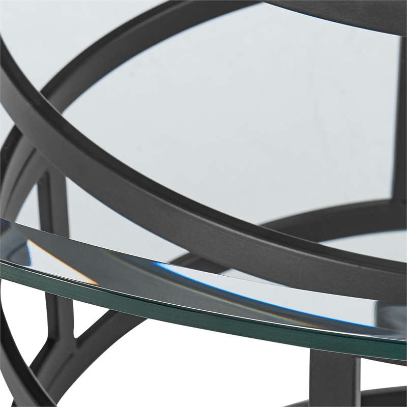 Diaz Round Dining Table with Matte Black Iron Base and Glass Tabletop