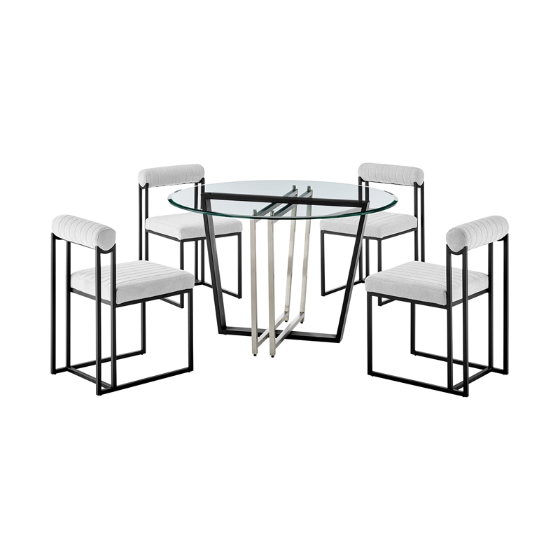 Devi Anastasia 5 Piece Round Glass Dining Table Set with Light Gray Fabric