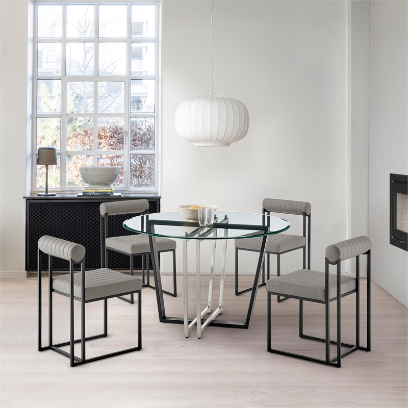Devi Anastasia 5 Piece Round Glass Dining Table Set with Light Gray Faux Leather