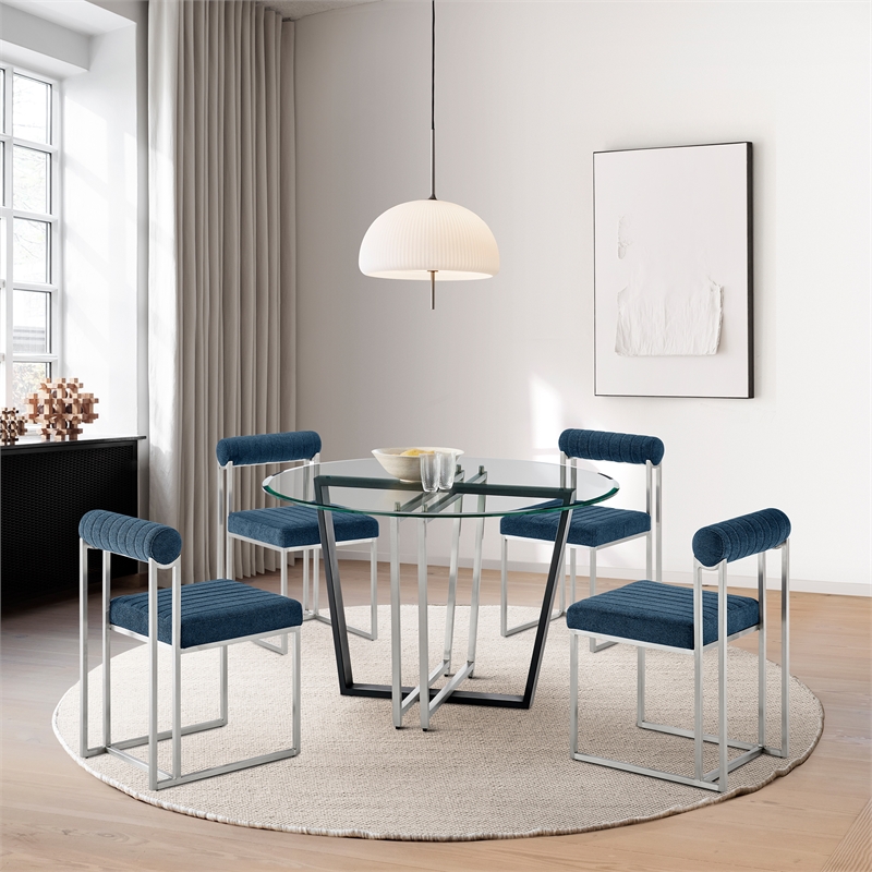 Devi Anastasia 5 Piece Round Glass Dining Table Set with Blue Fabric