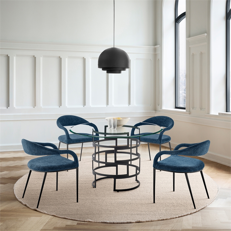 Diaz Morgan 5 Piece Round Glass Dining Table Set with Blue Fabric