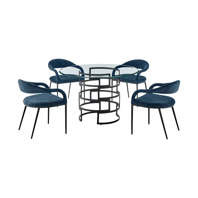 Diaz Morgan 5 Piece Round Glass Dining Table Set with Blue Fabric