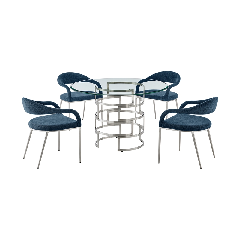 Diaz Morgan 5 Piece Round Glass Dining Table Set with Blue Fabric