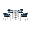 Diaz Morgan 5 Piece Round Glass Dining Table Set with Blue Fabric