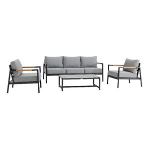 Crown Aluminum and Teak Wood Outdoor Sofa in Black and Dark Gray