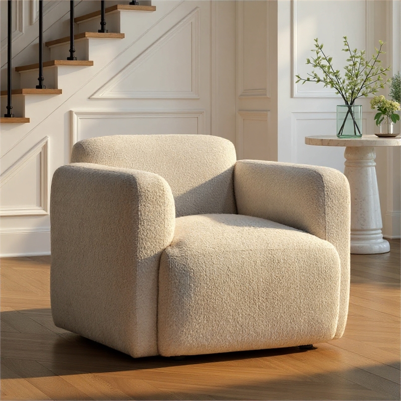 Sierra Modern Ivory Accent Chair with Rounded Arms in Boucle Fabric