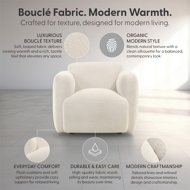 Sierra Modern Ivory Accent Chair with Rounded Arms in Boucle Fabric