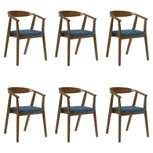 Santana Wood Dining Chair in Walnut Finish with Blue Fabric - Set of 6