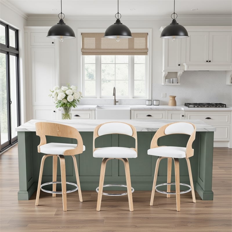 Shelly Counter Height Swivel Bar Stool in Oak with White Faux Leather Seat