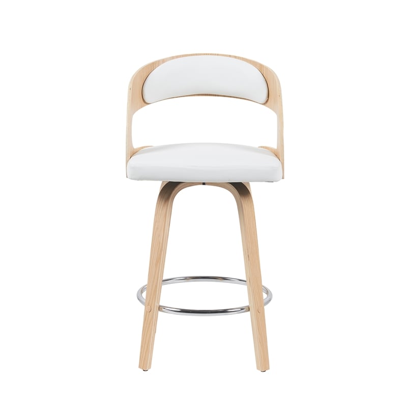 Shelly Counter Height Swivel Bar Stool in Oak with White Faux Leather Seat