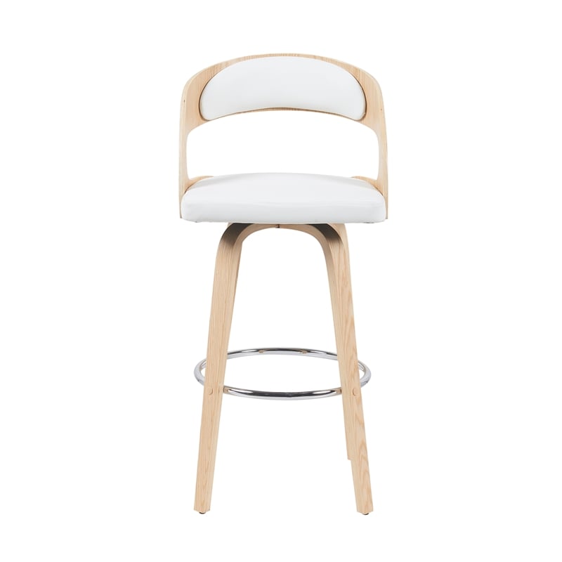 Shelly Modern Bar Height Swivel Stool in Oak/White Faux Leather Upholstered Seat