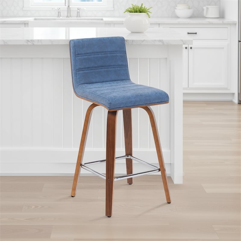 Vienna Counter Height Swivel Bar Stool w/ Vintage Blue Seat & Walnut Wood Frame