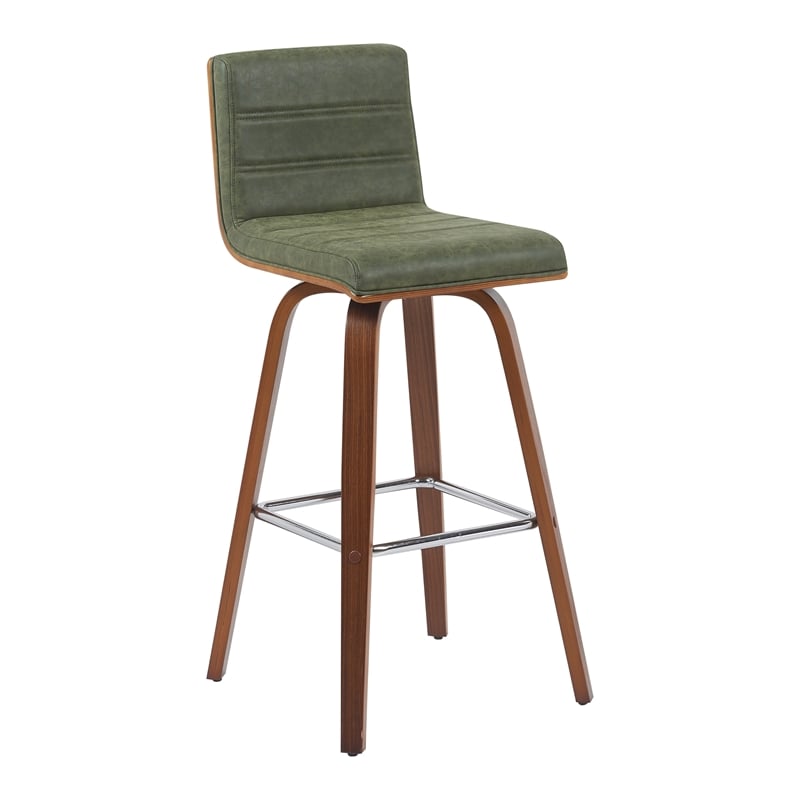Vienna Swivel Bar Height Stool with Vintage Green Seat and Walnut Wood- Set of 4