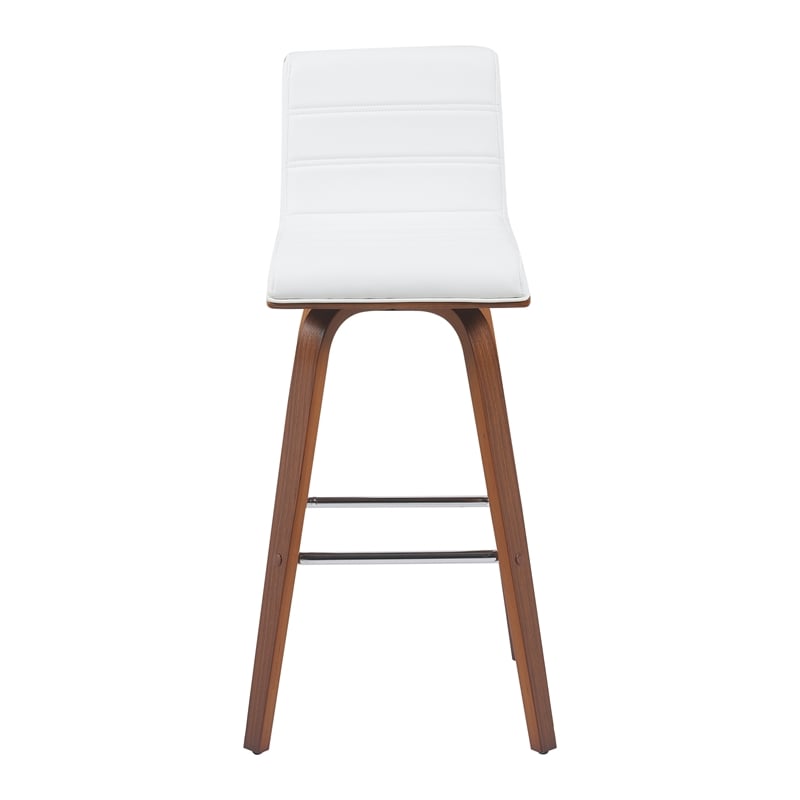 Vienna Swivel Bar Height Stool with Snow White Faux Leather Seat and Walnut Wood