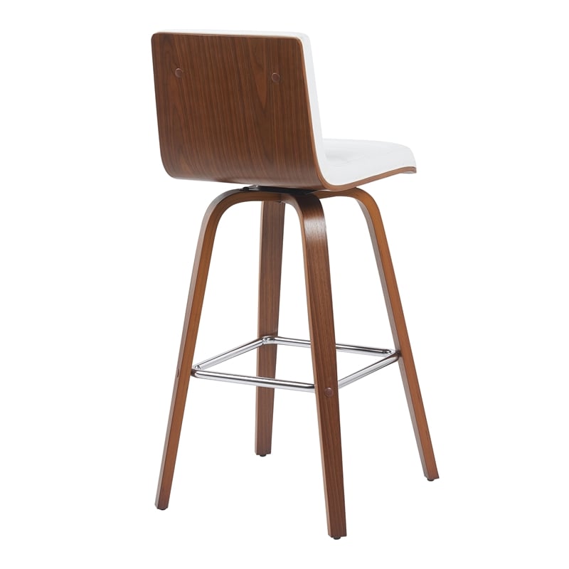 Vienna Swivel Bar Height Stool with Snow White Faux Leather Seat and Walnut Wood