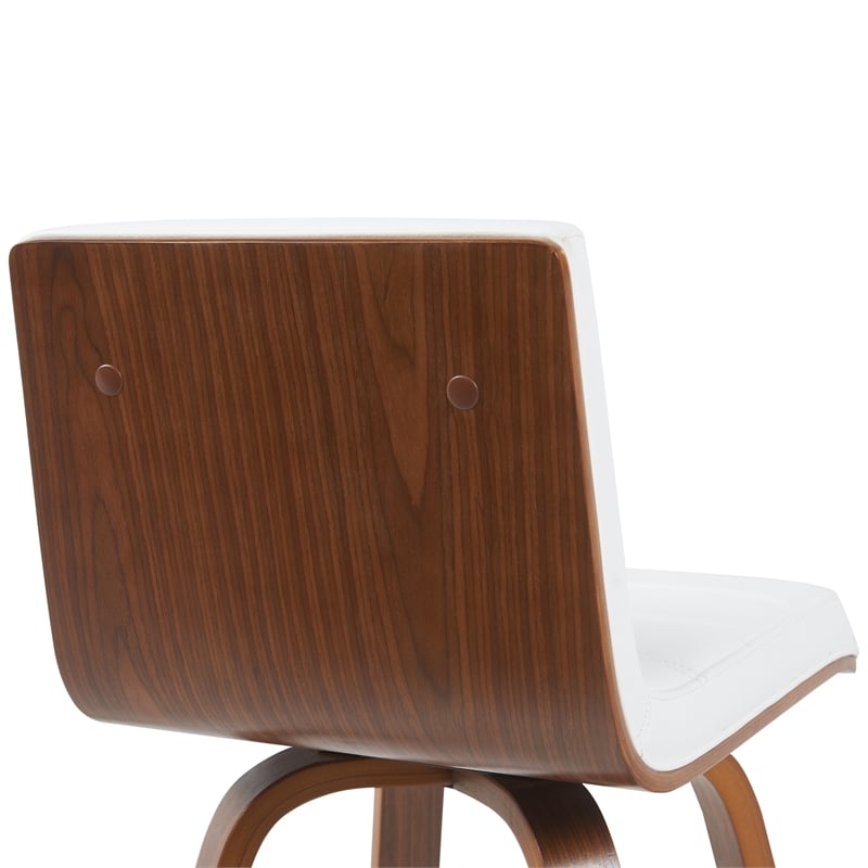 Vienna Swivel Bar Height Stool with Snow White Faux Leather Seat and Walnut Wood