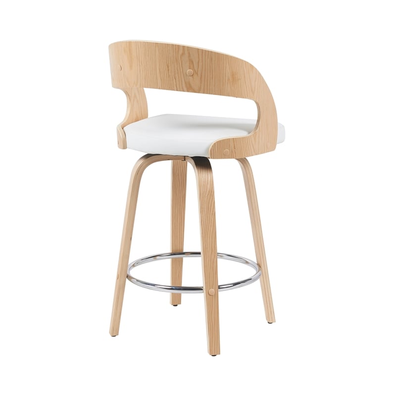 Shelly Counter Height Swivel Bar Stool in Oak/White Faux Leather- Set of 4