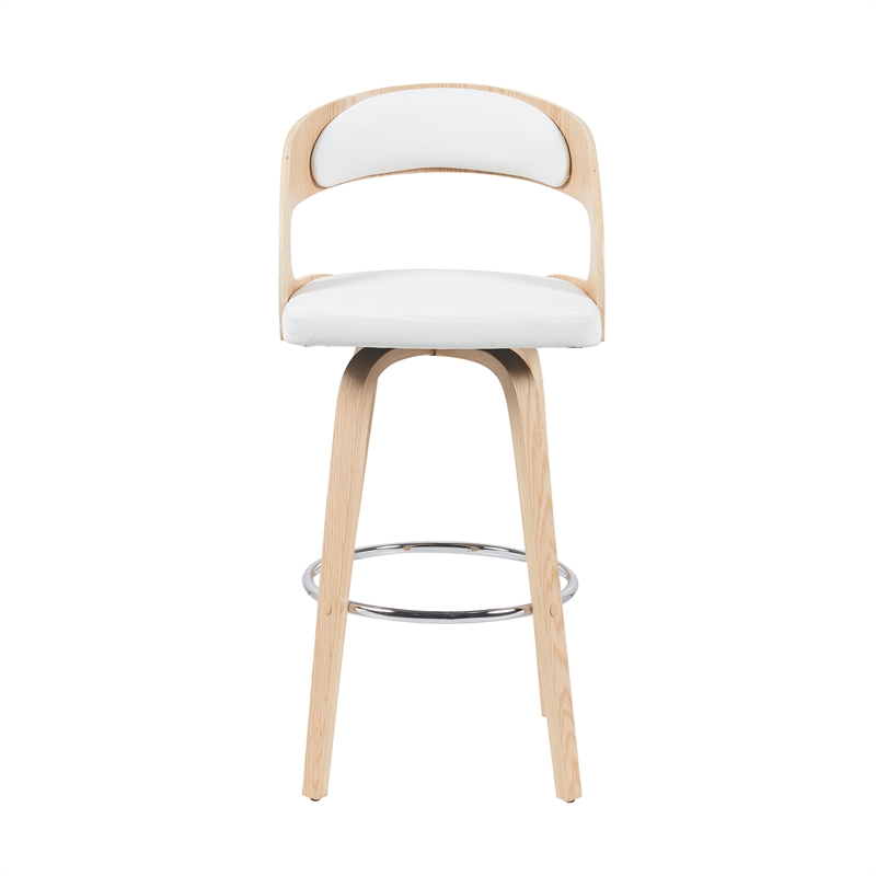 Shelly Modern Bar Height Swivel Stool in Oak w/ White Faux Leather Seat-Set of 2