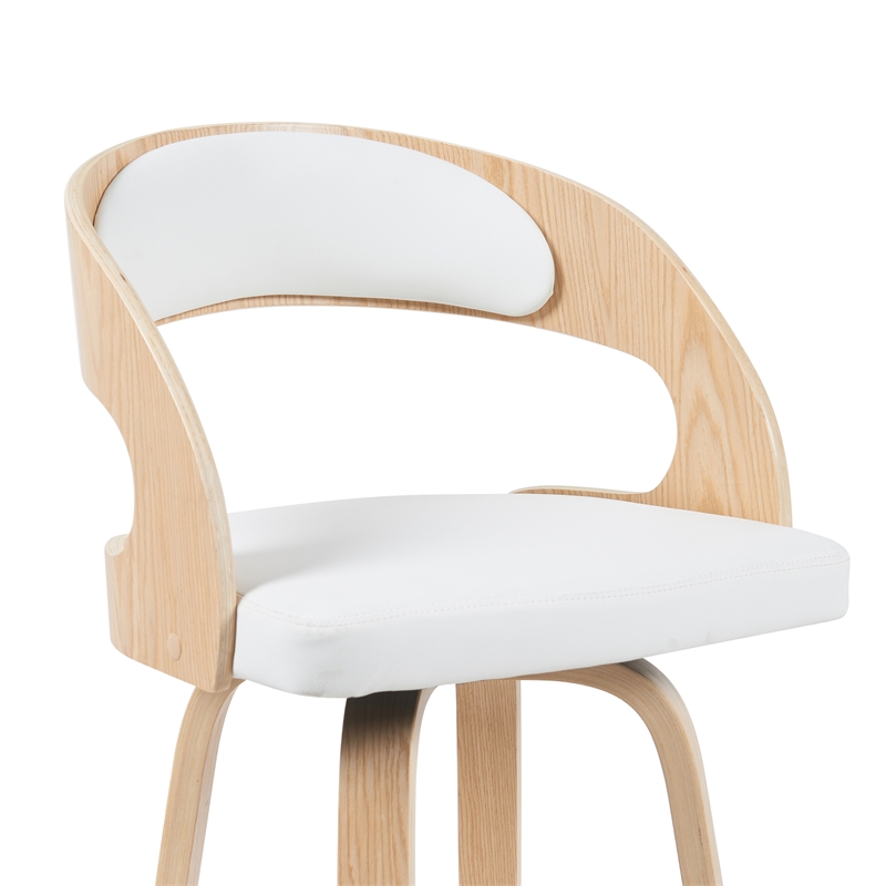 Shelly Modern Bar Height Swivel Stool - Oak w/ White Faux Leather Seat- Set of 3