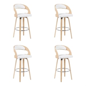Shelly Modern Bar Height Swivel Stool in Oak/White Faux Leather Seat- Set of 4