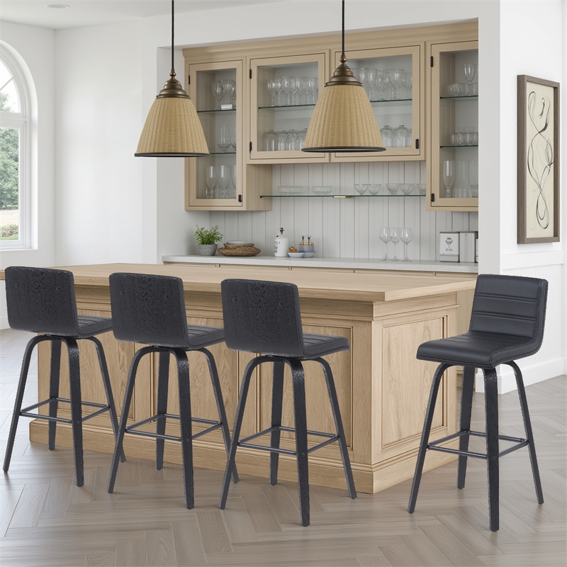 Vienna Swivel Bar Height Stool w/ Black Faux Leather Seat/Black Brushed-Set of 4
