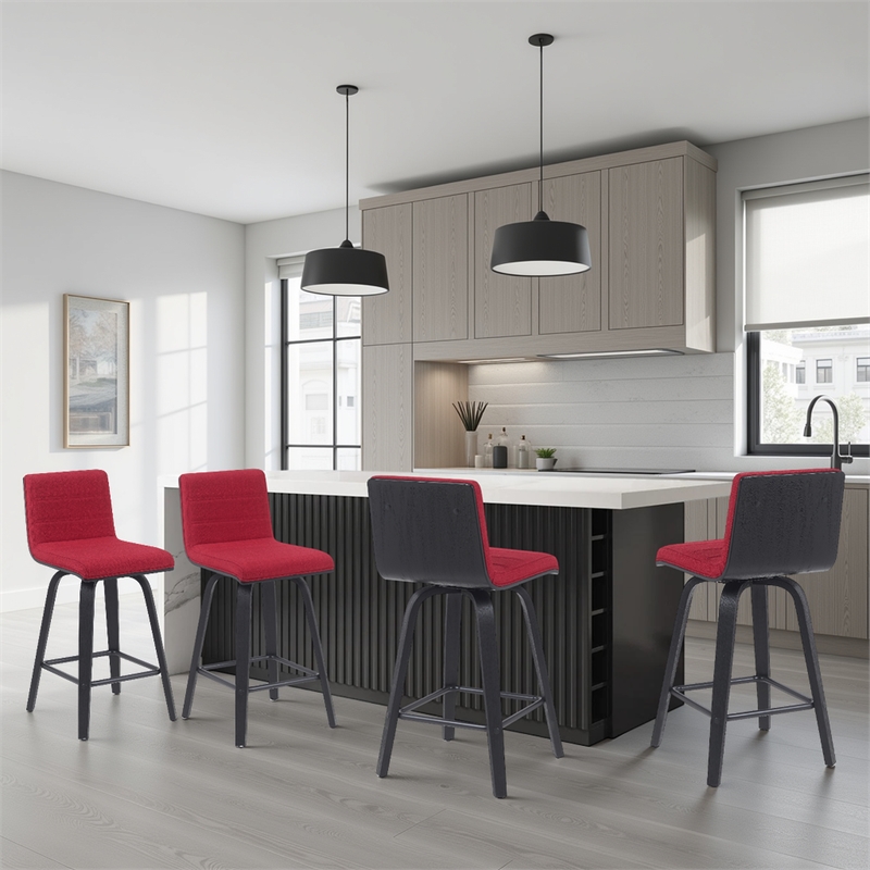 Vienna Counter Height Swivel Bar Stool in Red Seat/Brushed Wood Frame- Set of 4