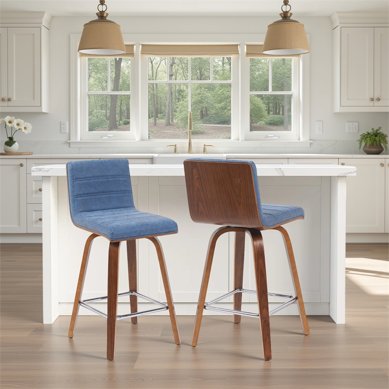 Vienna Counter Height Swivel Bar Stool with Vintage Blue Seat/Walnut- Set of 2