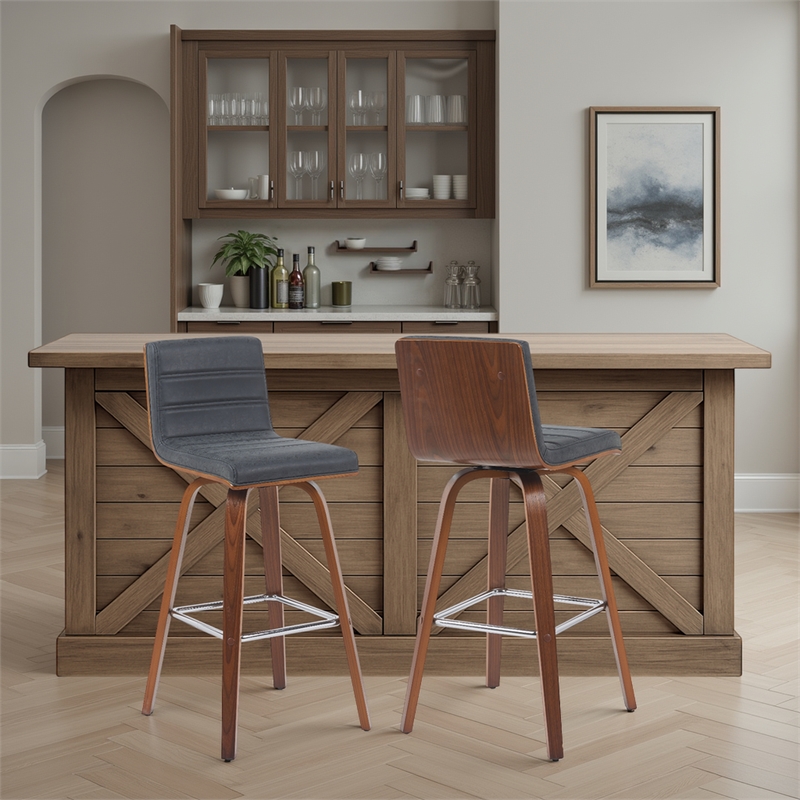 Vienna Swivel Bar Height Stool w/ Vintage Black Seat/Walnut Wood Frame- Set of 2