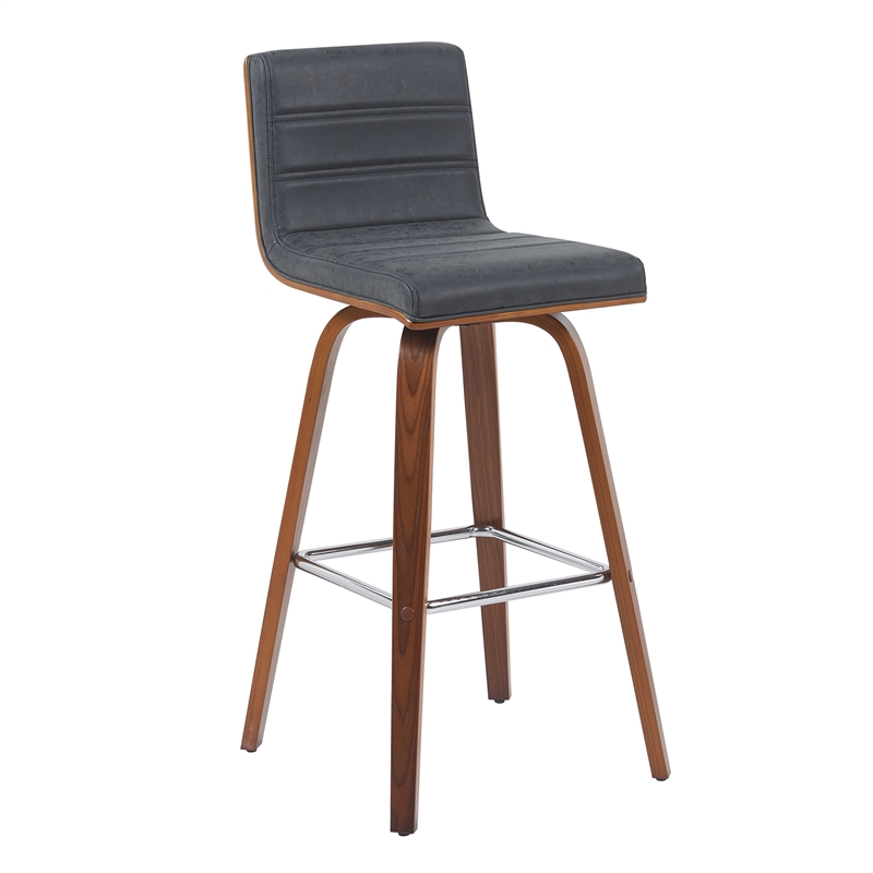 Vienna Swivel Bar Height Stool w/ Vintage Black Seat/Walnut Wood Frame- Set of 2