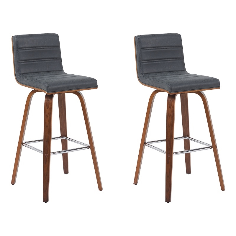 Vienna Swivel Bar Height Stool w/ Vintage Black Seat/Walnut Wood Frame- Set of 2