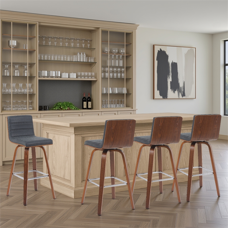 Vienna Swivel Bar Height Stool with Vintage Black Seat/Walnut Wood- Set of 4