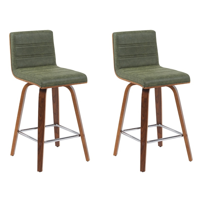 Vienna Counter Height Swivel Bar Stool with Green Seat and Walnut Wood- Set of 2