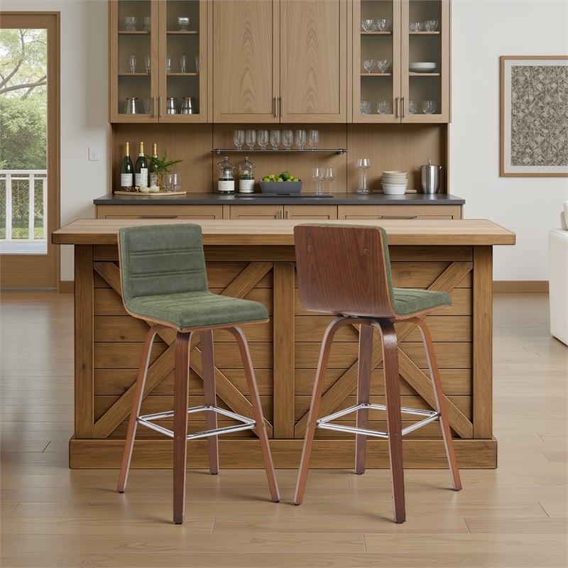 Vienna Swivel Bar Height Stool with Green Seat/Walnut Wood Frame- Set of 2