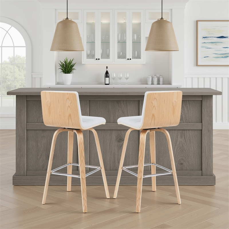 Vienna Swivel Bar Height Stool in White Faux Leather Seat/Oak Wood- Set of 2
