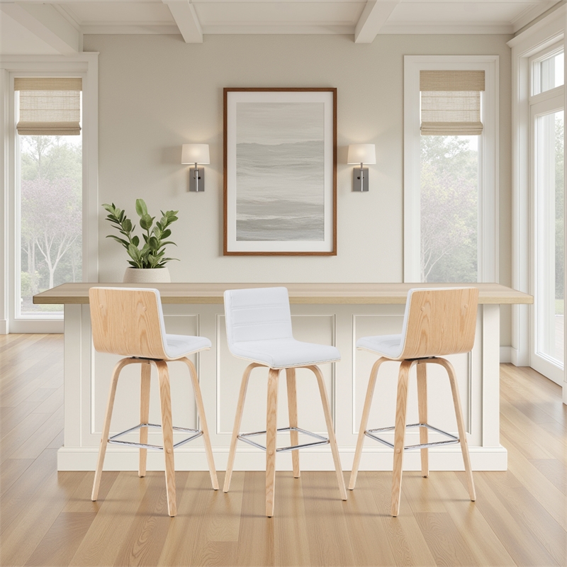 Vienna Swivel Bar Height Stool with White Faux Leather Seat/Oak Wood- Set of 3