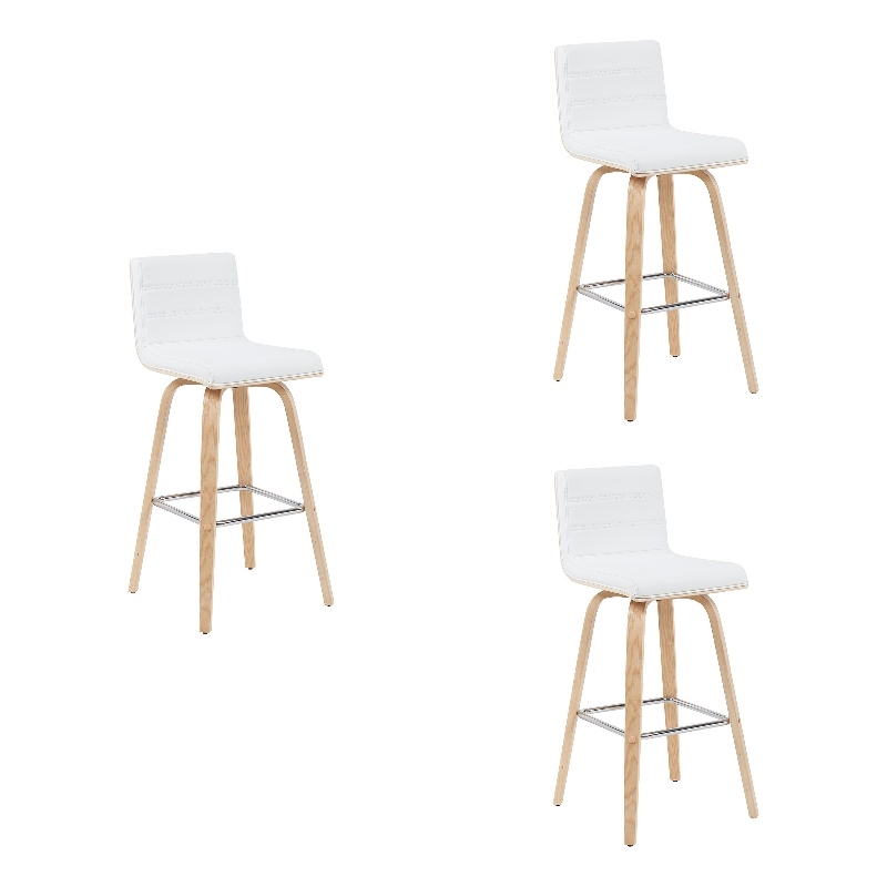 Vienna Swivel Bar Height Stool with White Faux Leather Seat/Oak Wood- Set of 3